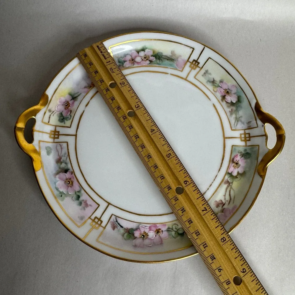Vintage Bavaria Hand‎ Painted Porcelain Plate Pink Floral Gold Trim Handles